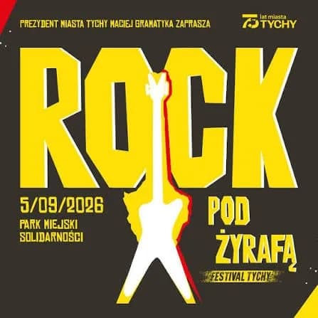 A dark gray poster advertises a rock festival in Tychy, Poland, featuring bold yellow text spelling "ROCK" with a white electric guitar silhouette in the center, and event details below.